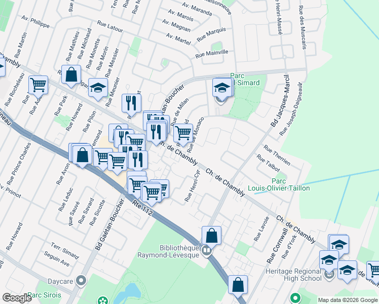 map of restaurants, bars, coffee shops, grocery stores, and more near 192 Rue Saint-Jean in Longueuil
