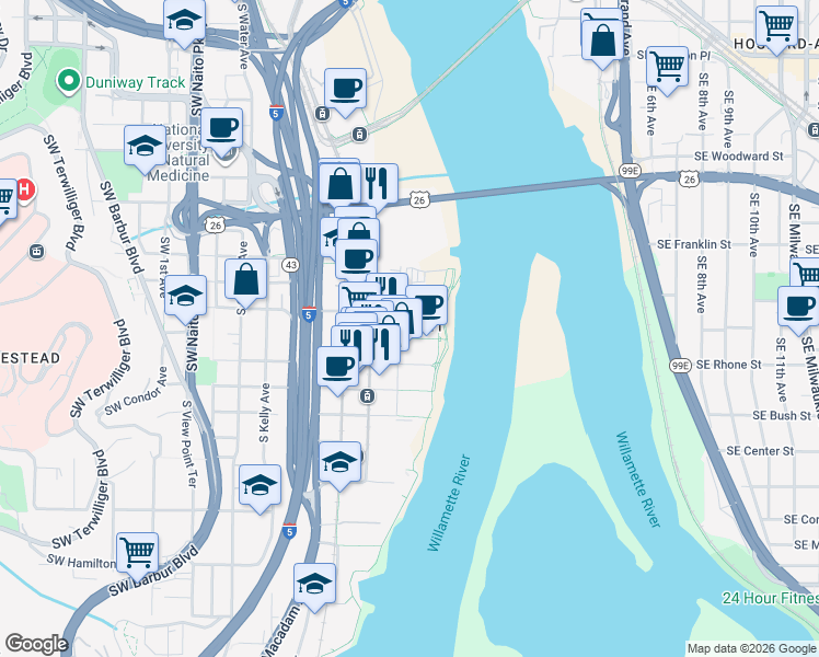 map of restaurants, bars, coffee shops, grocery stores, and more near 3570 Southwest River Parkway in Portland