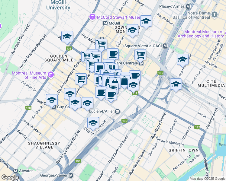 map of restaurants, bars, coffee shops, grocery stores, and more near in Montreal