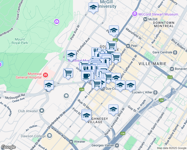 map of restaurants, bars, coffee shops, grocery stores, and more near 1455 Rue Sherbrooke Ouest in Montréal