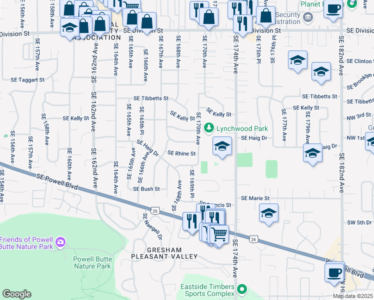 map of restaurants, bars, coffee shops, grocery stores, and more near 16915 Southeast Haig Street in Portland