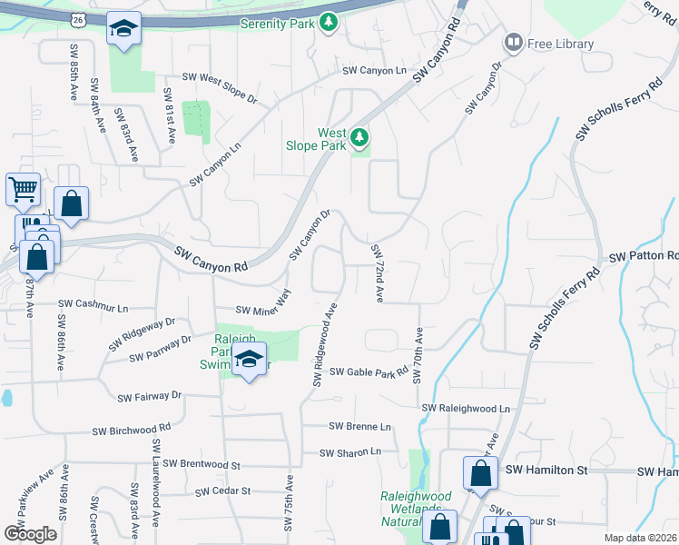 map of restaurants, bars, coffee shops, grocery stores, and more near 3125 Southwest Ridgewood Avenue in Portland
