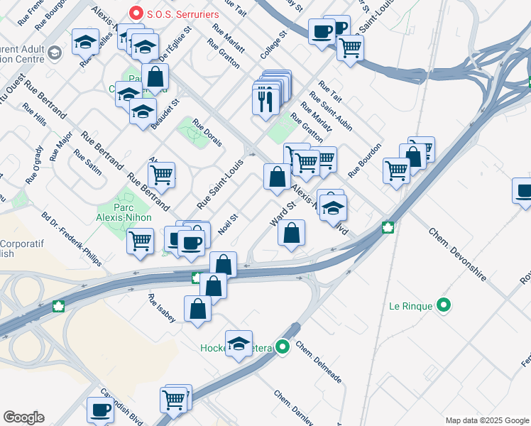 map of restaurants, bars, coffee shops, grocery stores, and more near 2300 Rue Gold in Montréal