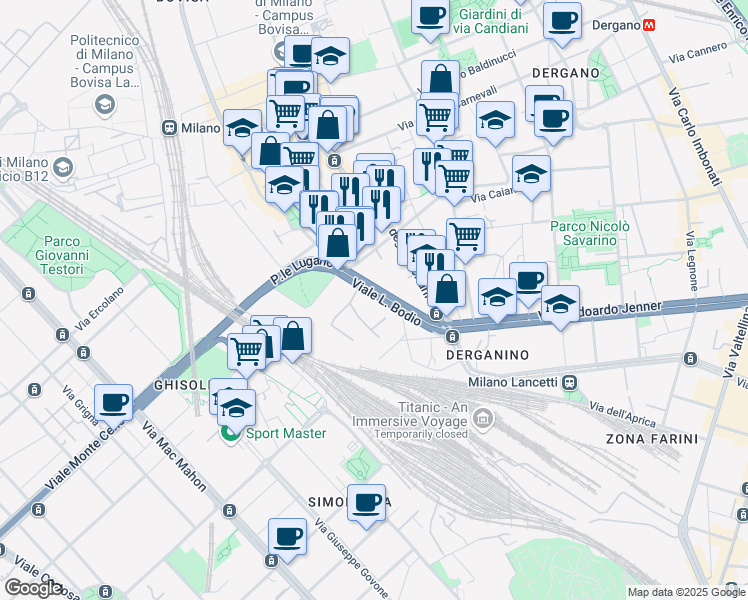 map of restaurants, bars, coffee shops, grocery stores, and more near 33 Viale Luigi Bodio in Milano