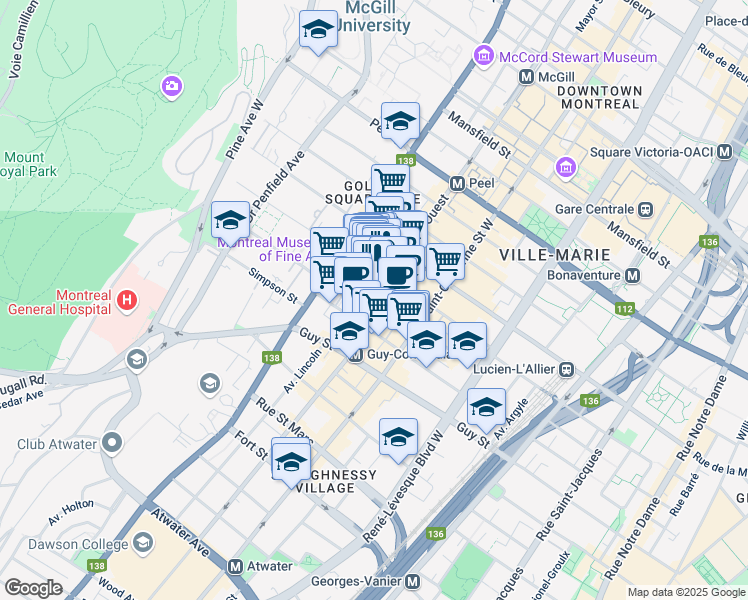 map of restaurants, bars, coffee shops, grocery stores, and more near 1400 Boulevard De Maisonneuve Ouest in Montreal