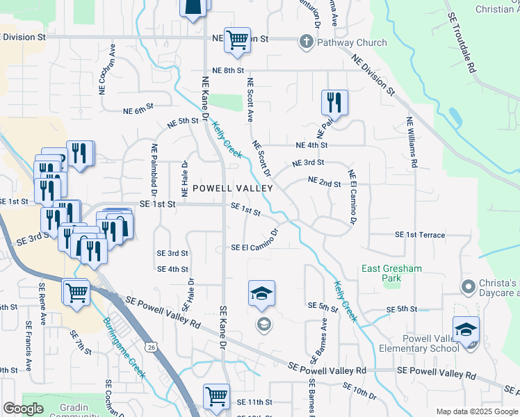 map of restaurants, bars, coffee shops, grocery stores, and more near 132-134 Northeast Olvera Court in Gresham