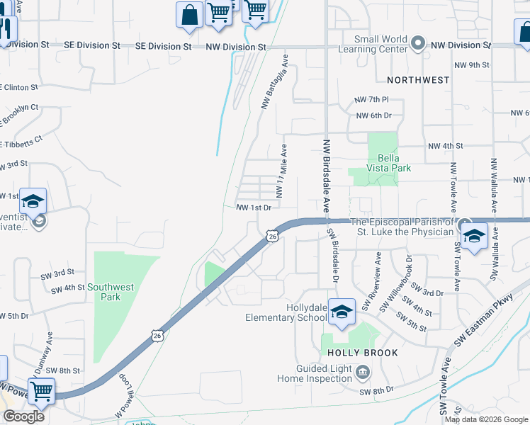 map of restaurants, bars, coffee shops, grocery stores, and more near 2528 Northwest 2nd Terrace in Gresham