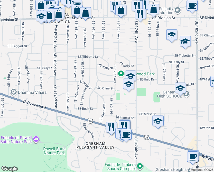 map of restaurants, bars, coffee shops, grocery stores, and more near 16915 Southeast Haig Street in Portland