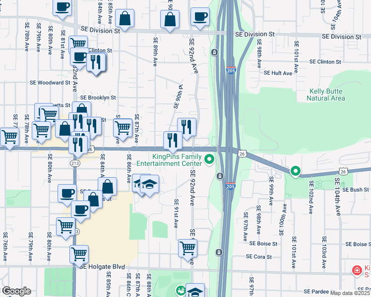 map of restaurants, bars, coffee shops, grocery stores, and more near 9131 Southeast Powell Boulevard in Portland