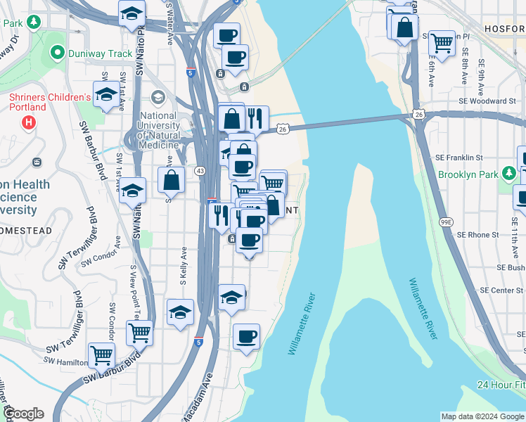 map of restaurants, bars, coffee shops, grocery stores, and more near in Portland