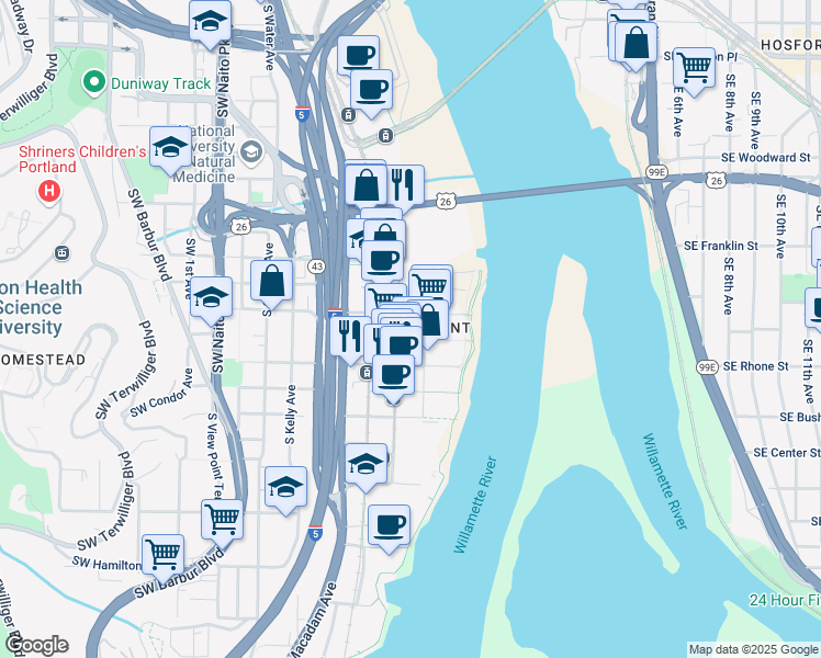 map of restaurants, bars, coffee shops, grocery stores, and more near in Portland