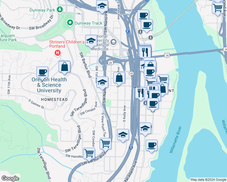 map of restaurants, bars, coffee shops, grocery stores, and more near in Portland