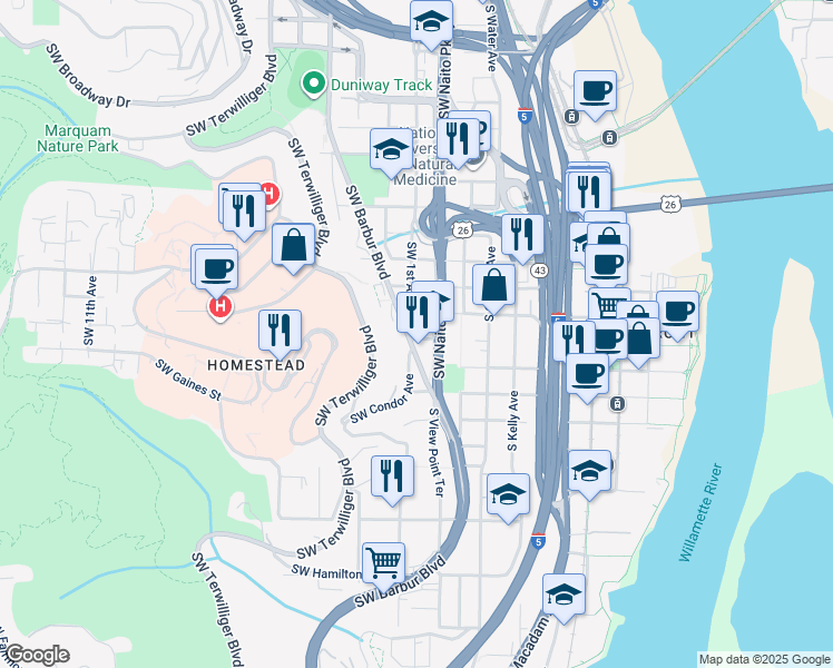 map of restaurants, bars, coffee shops, grocery stores, and more near 105 Southwest Curry Street in Portland
