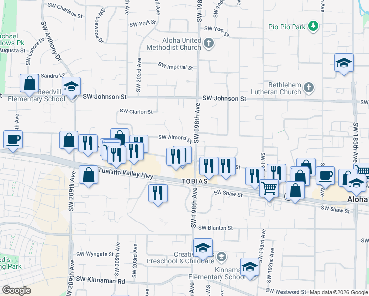 map of restaurants, bars, coffee shops, grocery stores, and more near 3005 Southwest 198th Avenue in Beaverton