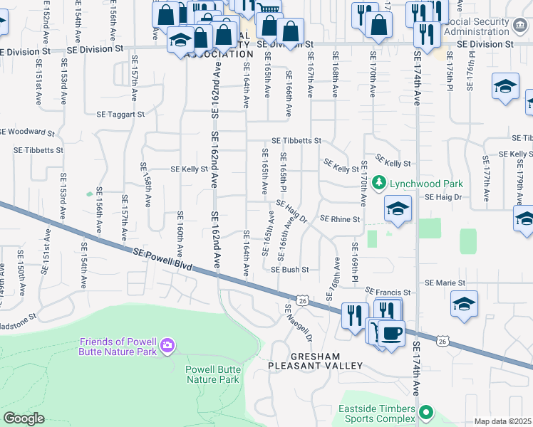 map of restaurants, bars, coffee shops, grocery stores, and more near 16425 Southeast Haig Drive in Portland