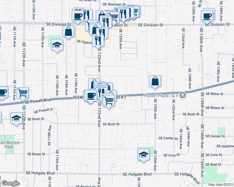map of restaurants, bars, coffee shops, grocery stores, and more near 12415 Southeast Powell Boulevard in Portland