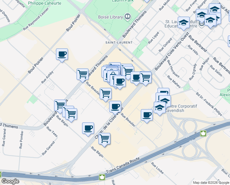 map of restaurants, bars, coffee shops, grocery stores, and more near 3305 Boulevard de la Côte-Vertu in Montréal