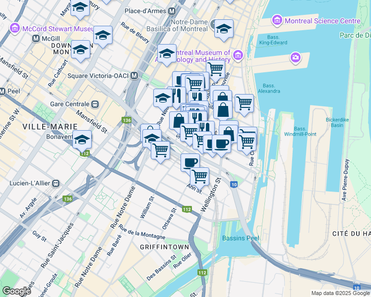 map of restaurants, bars, coffee shops, grocery stores, and more near Rue Duke in Montreal