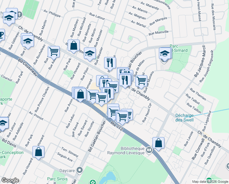 map of restaurants, bars, coffee shops, grocery stores, and more near 2400 Boulevard Gaétan-Boucher in Longueuil