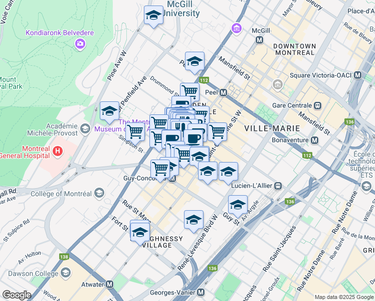 map of restaurants, bars, coffee shops, grocery stores, and more near 1463 Rue Bishop in Montrã©Al