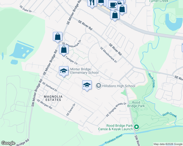 map of restaurants, bars, coffee shops, grocery stores, and more near 2926 Southeast Bluebird Drive in Hillsboro
