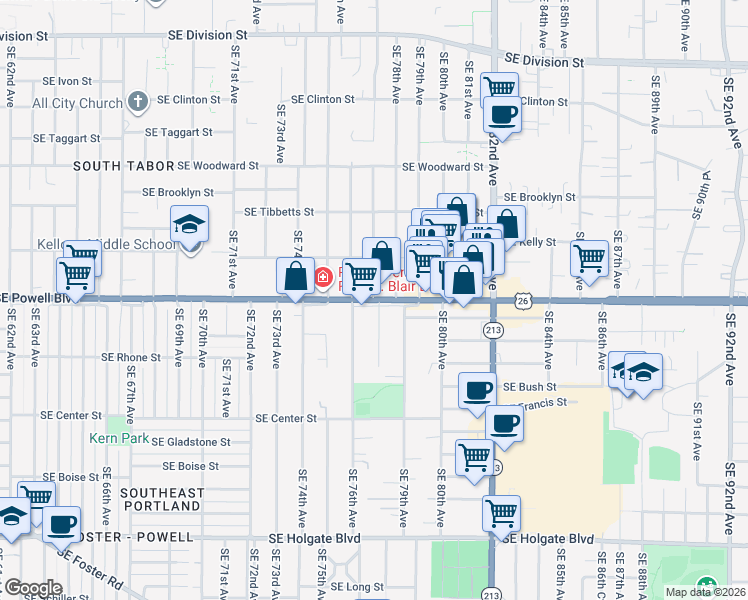 map of restaurants, bars, coffee shops, grocery stores, and more near Southeast Powell Boulevard & Southeast 77th Avenue in Portland