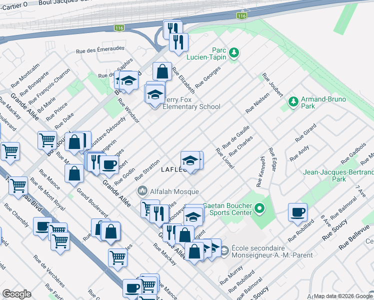 map of restaurants, bars, coffee shops, grocery stores, and more near 1658 Rue Holmes in Longueuil