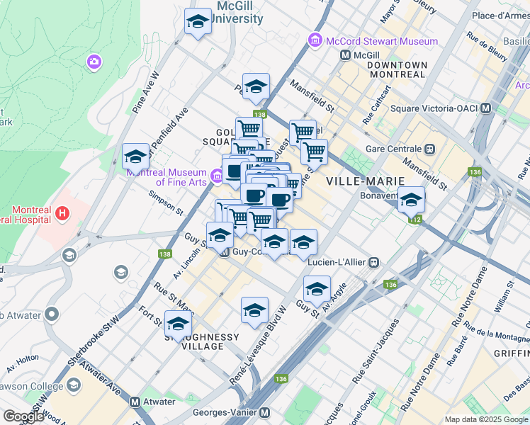 map of restaurants, bars, coffee shops, grocery stores, and more near 1420 Rue Crescent in Montréal