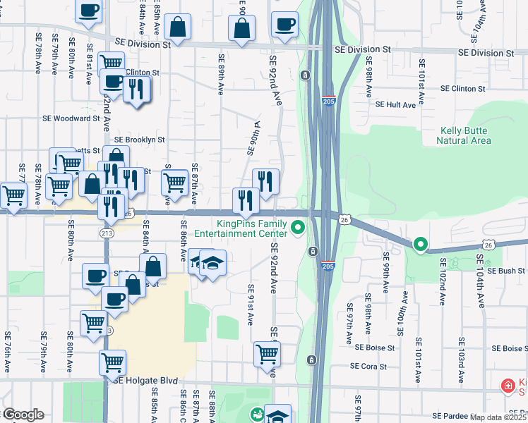 map of restaurants, bars, coffee shops, grocery stores, and more near 9131 Southeast Powell Boulevard in Portland