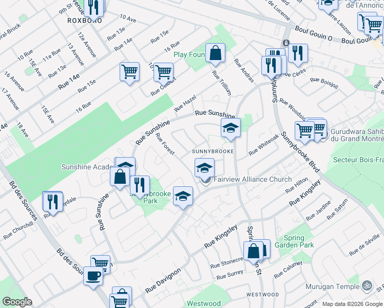 map of restaurants, bars, coffee shops, grocery stores, and more near 7 Rue Tremayne in Dollard-des-Ormeaux