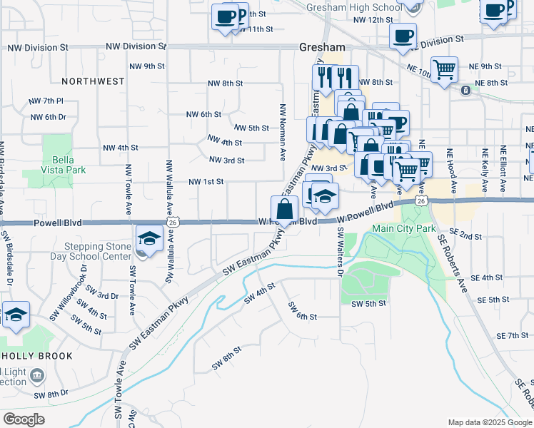 map of restaurants, bars, coffee shops, grocery stores, and more near 50 Northwest Sleret Avenue in Gresham