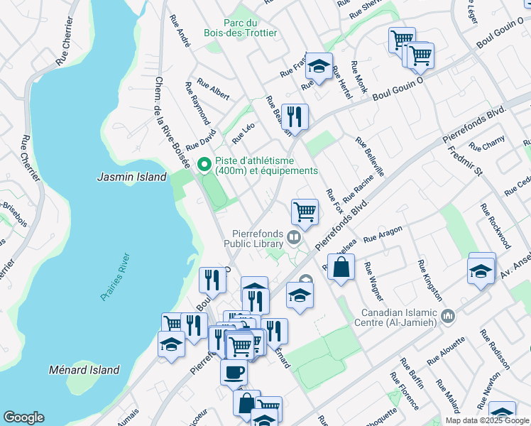map of restaurants, bars, coffee shops, grocery stores, and more near 13800 Gouin Boulevard West in Montreal