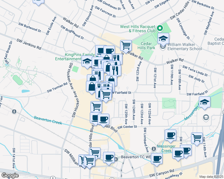 map of restaurants, bars, coffee shops, grocery stores, and more near 2905 Southwest Cedar Hills Boulevard in Beaverton