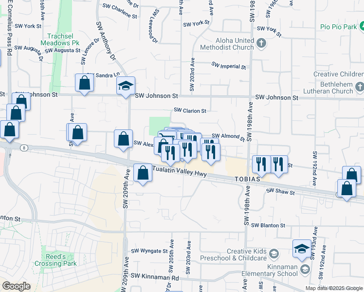 map of restaurants, bars, coffee shops, grocery stores, and more near 20442 Southwest Almond Court in Aloha