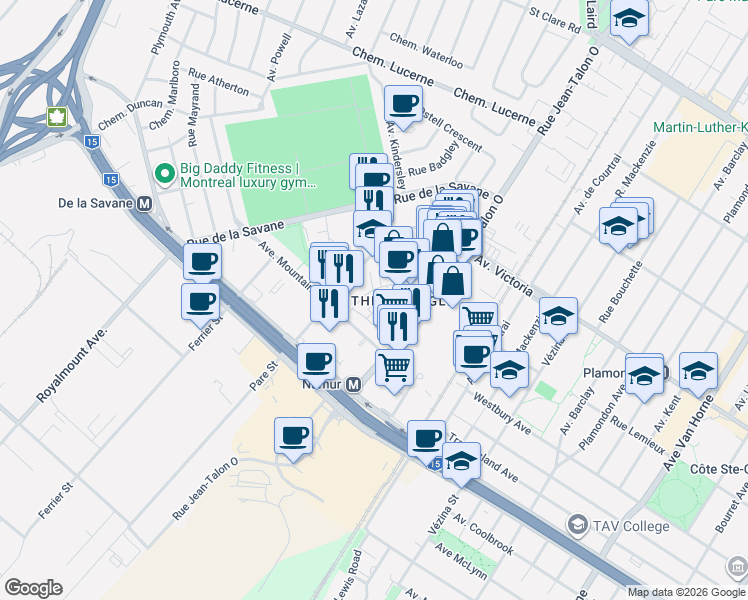 map of restaurants, bars, coffee shops, grocery stores, and more near 5150 Rue Buchan in Montréal