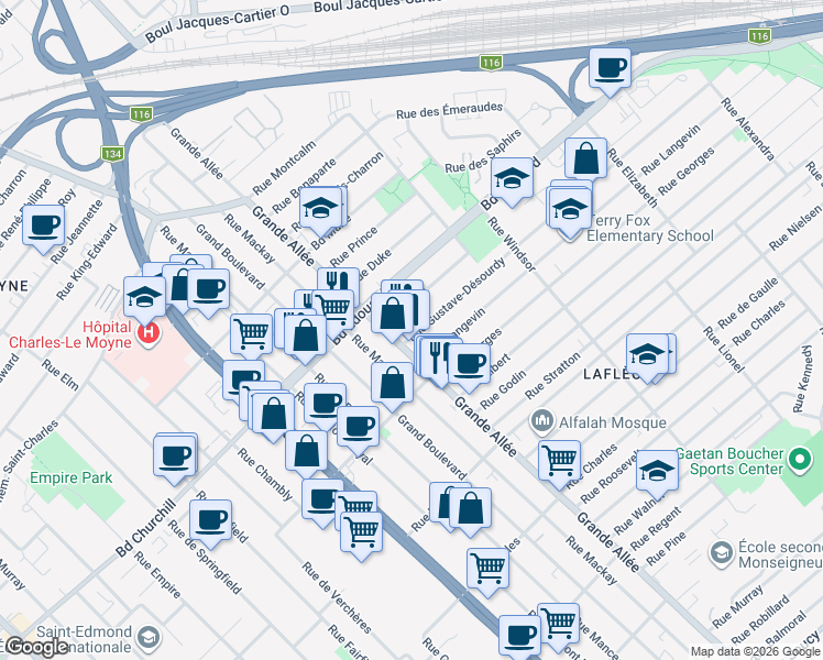 map of restaurants, bars, coffee shops, grocery stores, and more near 1921 Rue Gustave-Désourdy in Longueuil