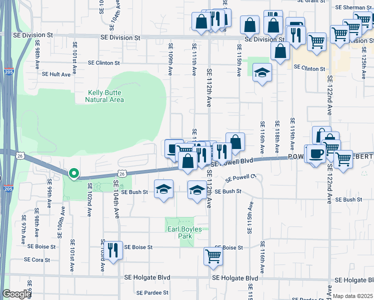 map of restaurants, bars, coffee shops, grocery stores, and more near 3441 Southeast 111th Avenue in Portland