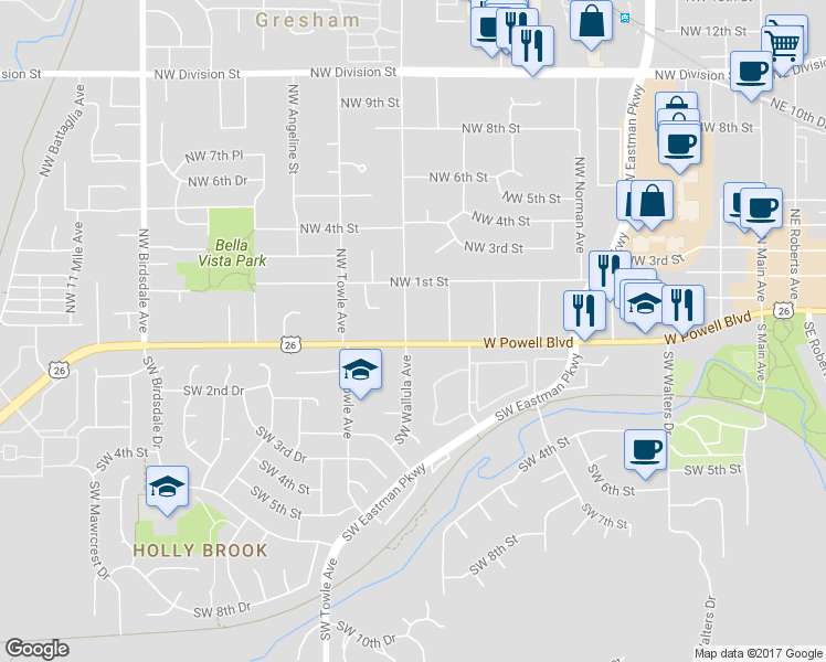 map of restaurants, bars, coffee shops, grocery stores, and more near 1229 W Powell Blvd in Gresham