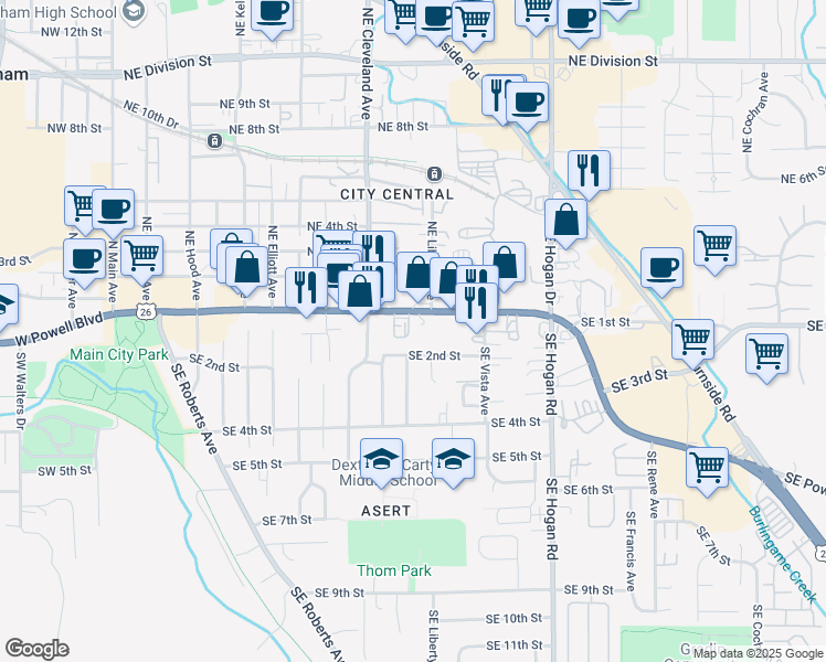 map of restaurants, bars, coffee shops, grocery stores, and more near 1200 East Powell Boulevard in Gresham