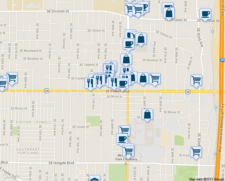 map of restaurants, bars, coffee shops, grocery stores, and more near SE Powell Blvd & SE 80th Ave in Portland