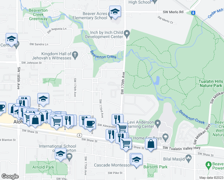 map of restaurants, bars, coffee shops, grocery stores, and more near 17245 Southwest Heritage Court in Beaverton