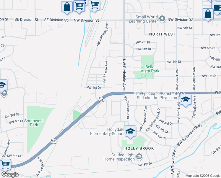 map of restaurants, bars, coffee shops, grocery stores, and more near 85 Northwest Mawrcrest Avenue in Gresham