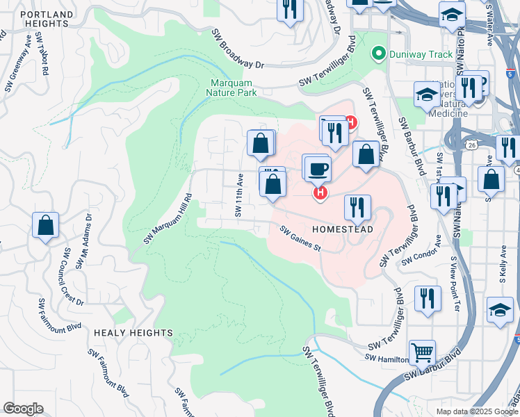 map of restaurants, bars, coffee shops, grocery stores, and more near 922 Southwest Curry Street in Portland
