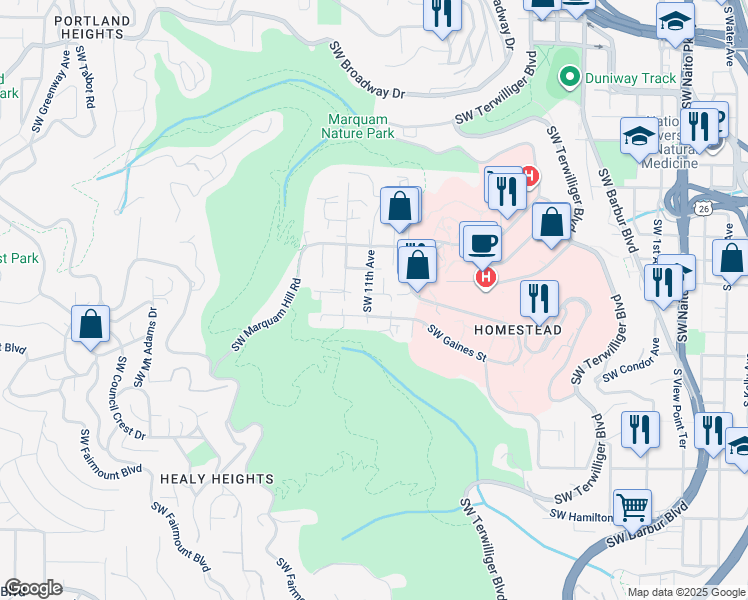 map of restaurants, bars, coffee shops, grocery stores, and more near 3414 Southwest 11th Avenue in Portland