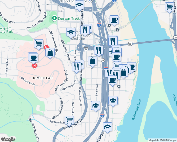 map of restaurants, bars, coffee shops, grocery stores, and more near 3535 South Corbett Avenue in Portland