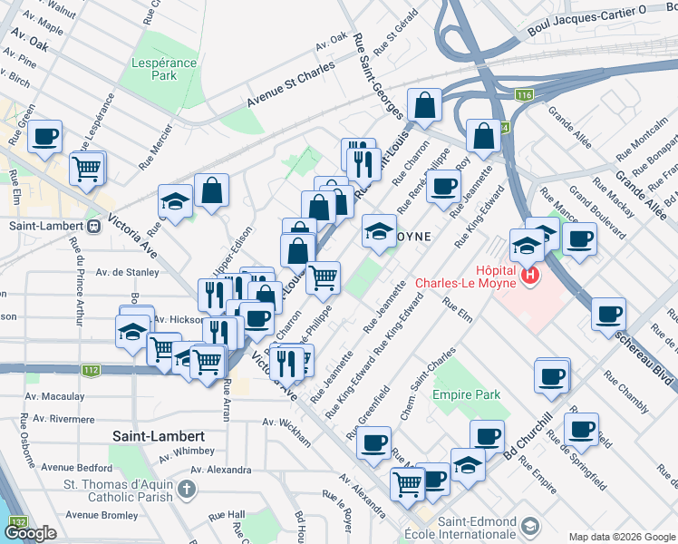 map of restaurants, bars, coffee shops, grocery stores, and more near 105 Rue René-Philippe in Longueuil