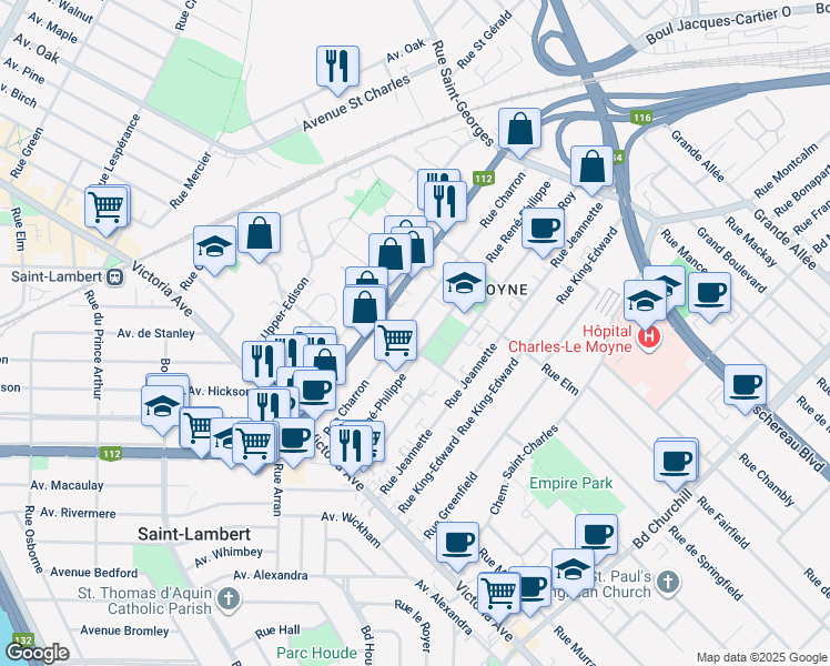 map of restaurants, bars, coffee shops, grocery stores, and more near 105 Rue René-Philippe in Longueuil