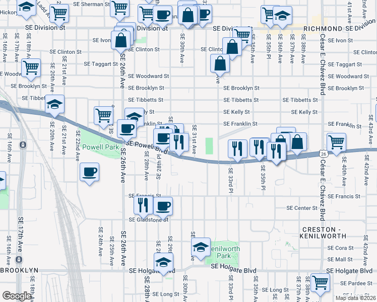 map of restaurants, bars, coffee shops, grocery stores, and more near 3030 Southeast Waverleigh Boulevard in Portland