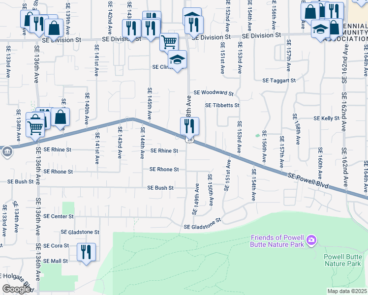 map of restaurants, bars, coffee shops, grocery stores, and more near 14742 Southeast Powell Boulevard in Portland