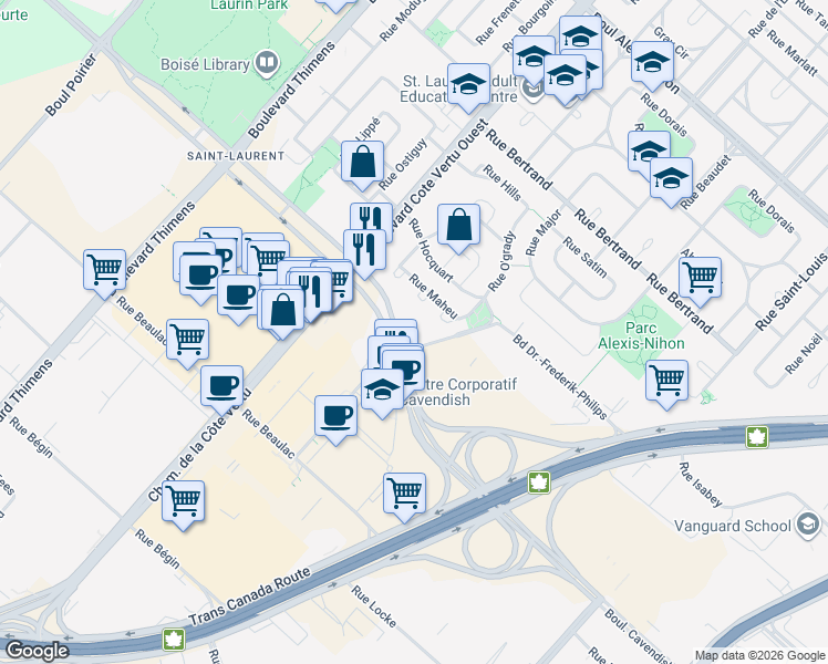 map of restaurants, bars, coffee shops, grocery stores, and more near 9999 Boulevard Cavendish in Montréal